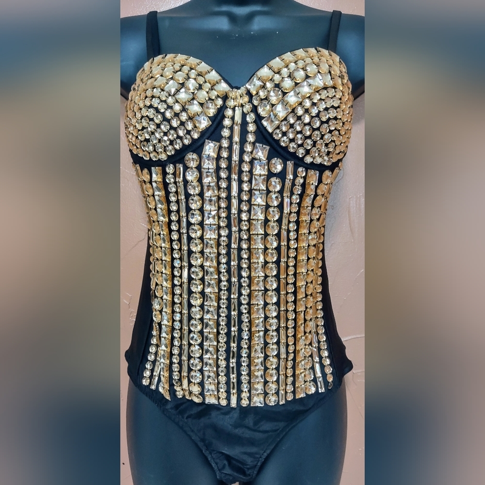 Lydia USA black corset bodysuit with gold bead embelishments.